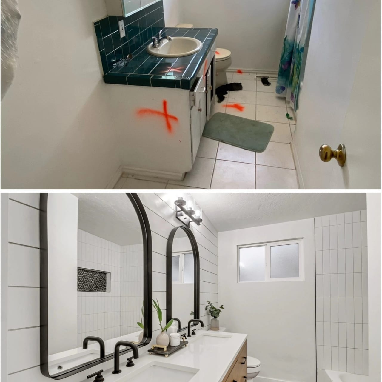 Before-and-after of a Utah bathroom remodel — from dated green-tile vanity with demolition marks to a modern bathroom with shiplap walls, arched black-framed mirrors, light-wood vanity, and vertical white subway tile — by CasaMás Construction