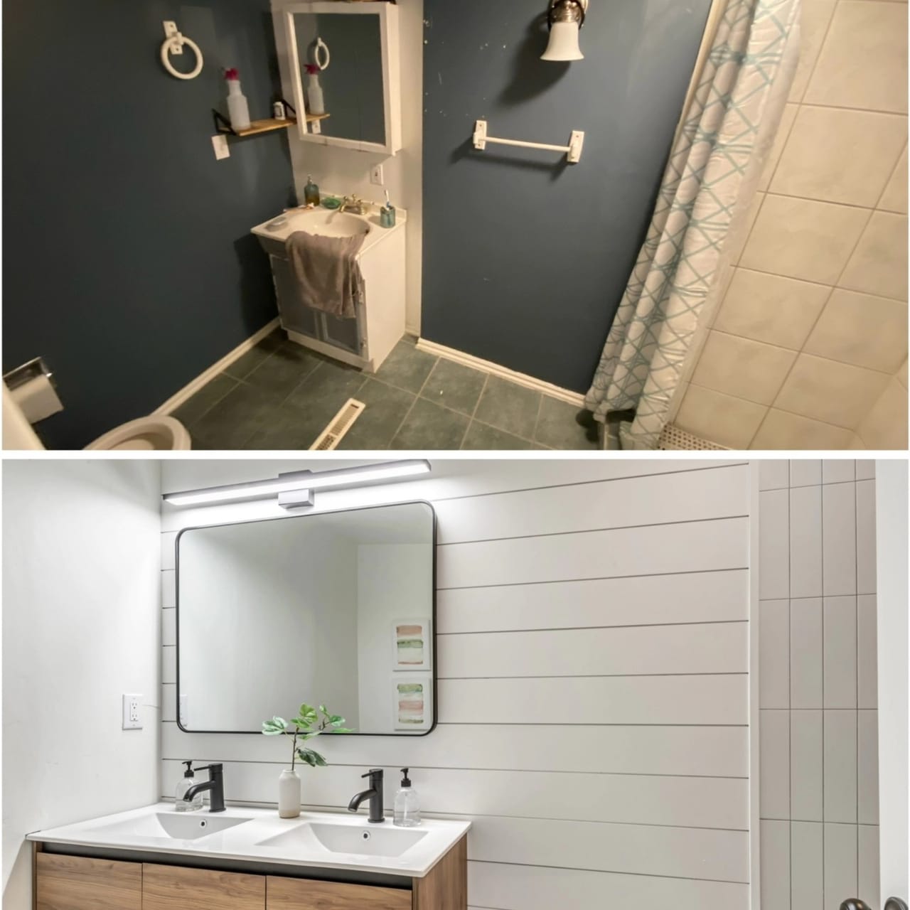 Before-and-after of a Utah bathroom remodel — from a small dark-navy bathroom with old pedestal sink to a bright modern bath with shiplap walls, floating wood double-sink vanity, large mirror, and vertical subway tile in the shower — by CasaMás Construction